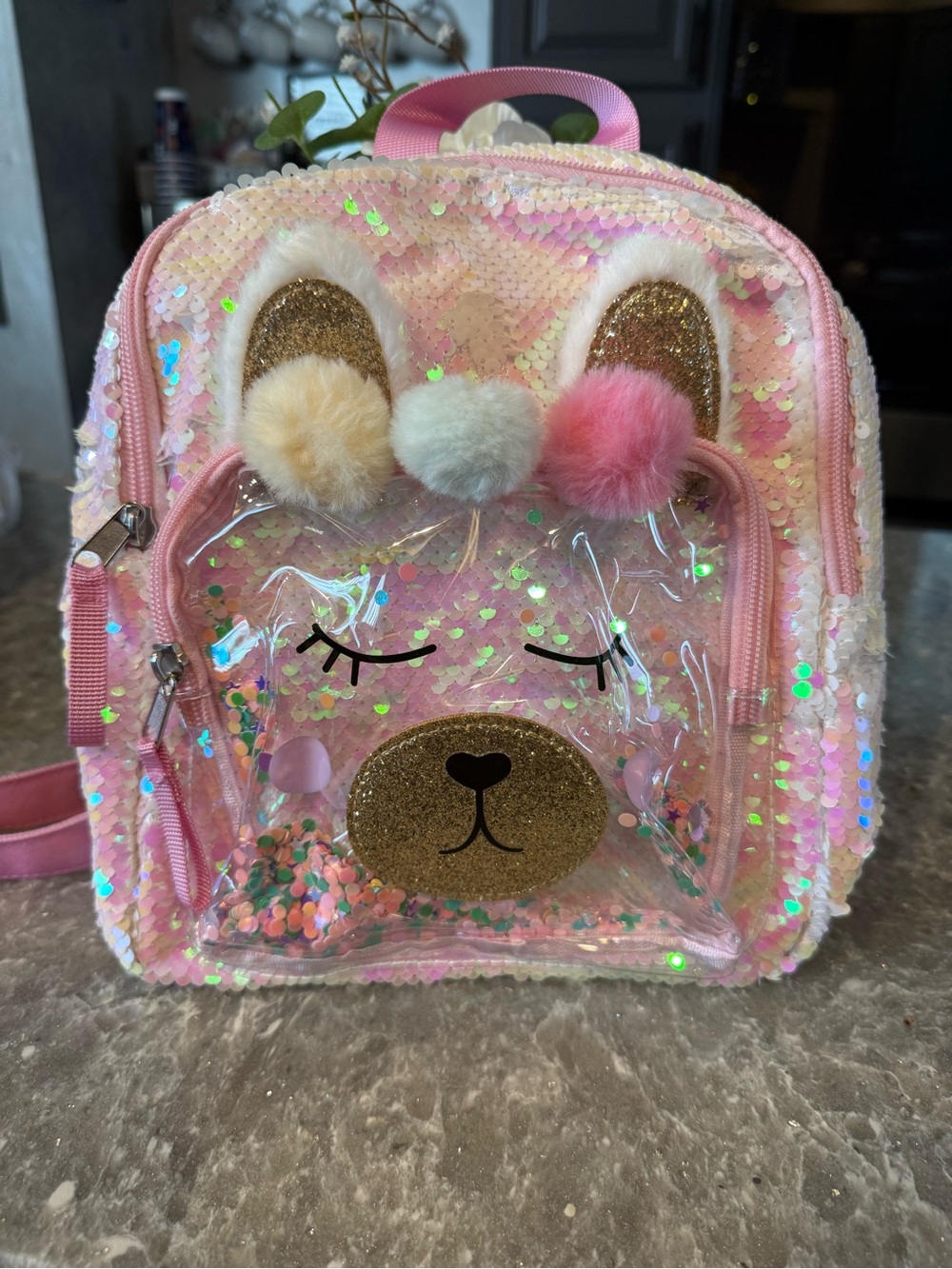 Cat & Jack Pink Sequin Unicorn Bear Kids Backpack with Pom Poms